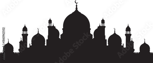 Black silhouette of mosque buildings with domes and minarets