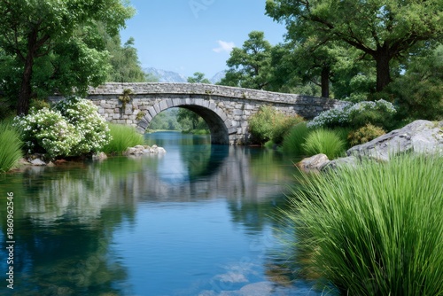 Stone arch bridge reflecting in a tranquil river
