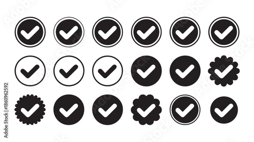 Collection of black and white checkmark icons in various circular designs on a white background