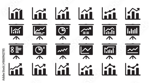 Collection of black and white business analytics icons displayed on screens