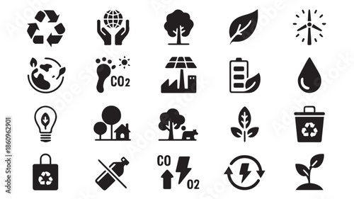 A collection of black and white icons representing environmental concepts and sustainability