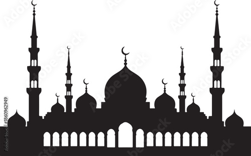 Black and white silhouette of mosque with minarets and domes