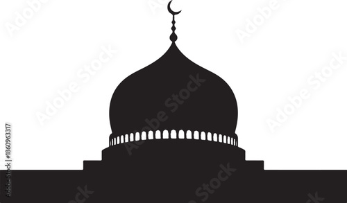 Black and white silhouette of a mosque dome with crescent