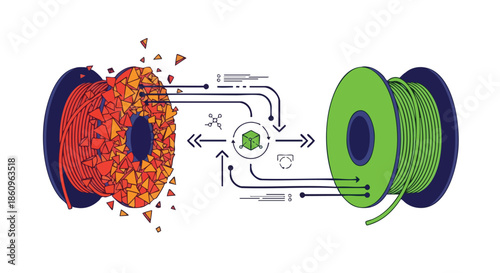 3D printing filament transformation from raw material to finished product, symbolizing innovation and manufacturing processes.