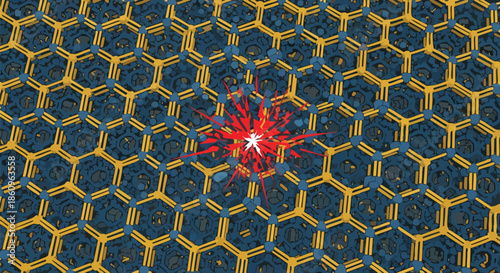 Abstract representation of a graphene lattice structure with a bright energy burst at its center, symbolizing scientific discovery.