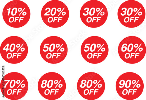 Collection of red discount off percentage circles on