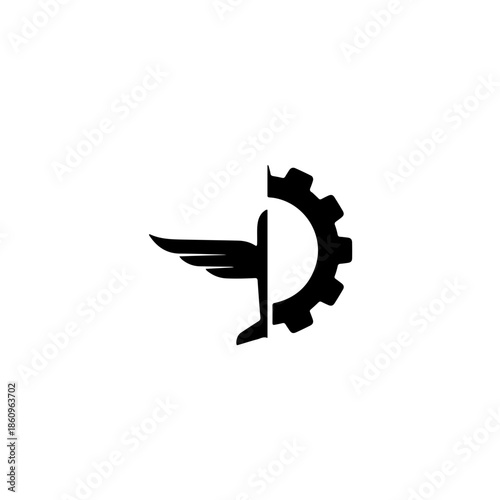 Vector illustration of a wing and gear hybrid silhouette, representing aerospace technology, aircraft repair, and technical flight innovation