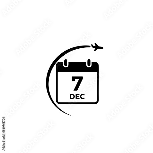 Vector silhouette of a December 7 calendar with a jet stream vapor trail, representing the annual global celebration of civil aviation history