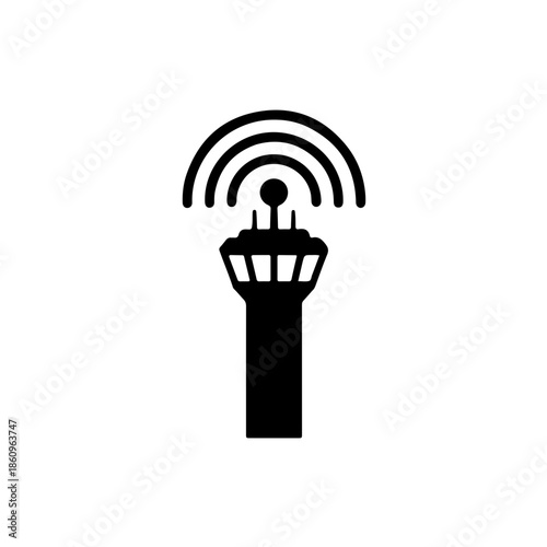 Vector silhouette of an aviation control tower with signal waves, representing telecommunications and air traffic management
