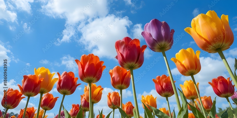 Obraz premium Lively Dutch tulips in vivid colors juxtaposed with a blue sky featuring white clouds