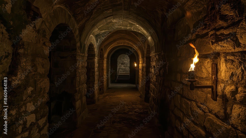 Obraz premium A dimly lit stone tunnel with torches on the walls
