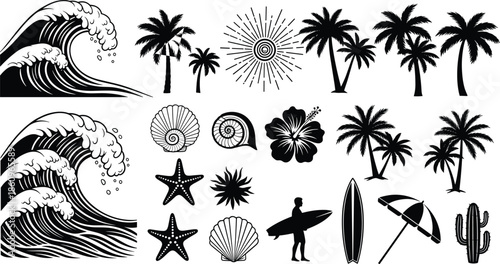 Summer beach vacation vector set, tropical palm trees, ocean waves, surfing silhouette, sunburst, and seashells black icon collection.