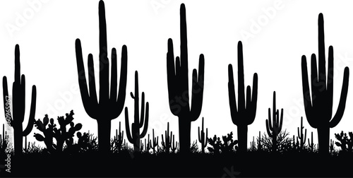 Black silhouette of desert landscape with saguaro cactus plants, wild west nature background, and Mexican arid scenery vector illustration.