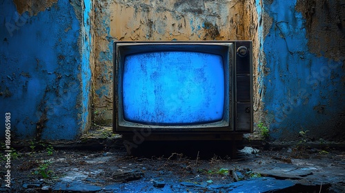 Vintage CRT Television in Dilapidated Room with Peeling Blue Walls
