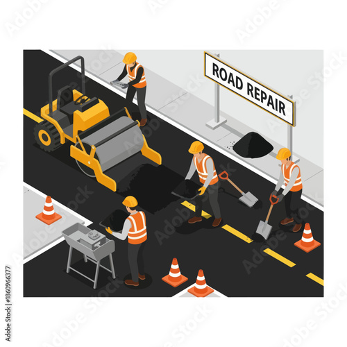 Road Workers Repairing Asphalt with Machinery.