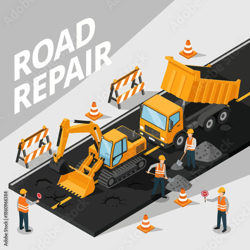 Road Repair Construction Site with Heavy Machinery.