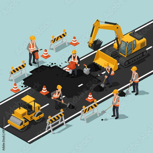 Construction Workers Repairing Road with Machinery.