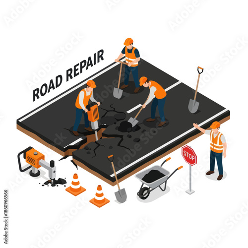 Road Repair Workers Fixing Asphalt Surface.