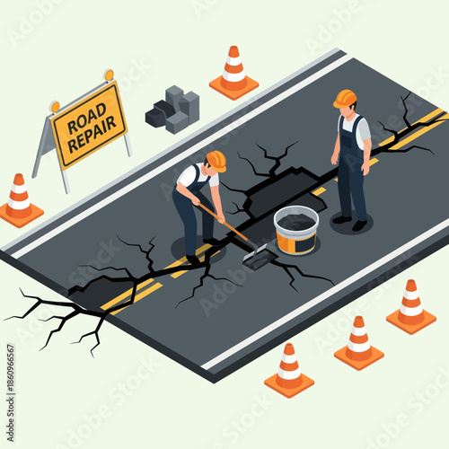 Road Workers Repairing Cracked Asphalt Surface.