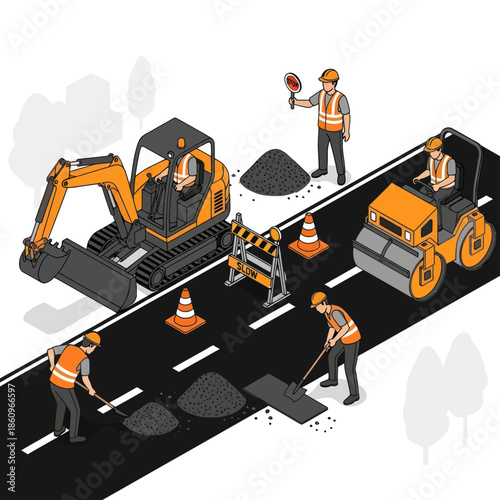 Road Construction Workers with Heavy Machinery.