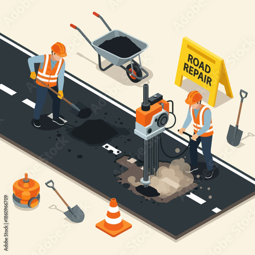 Road Repair Workers Fixing Pothole on Highway.