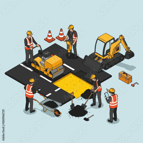 Road Construction Workers with Heavy Machinery.