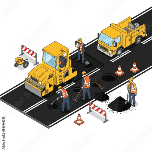 Road Workers Repairing Asphalt with Machinery.
