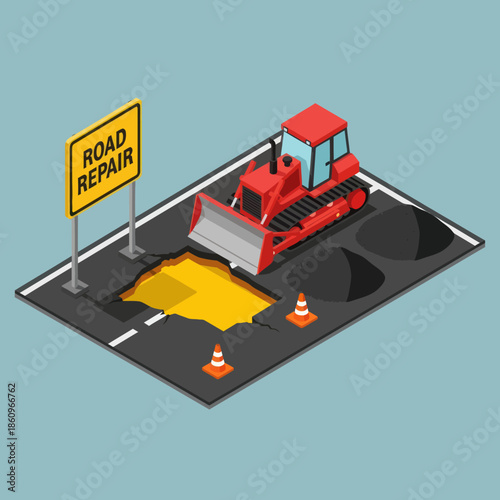 Red Bulldozer on Road Repair Site.