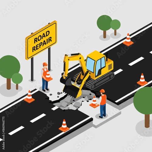 Road Repair Crew with Excavator and Workers.