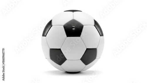 Classic black and white soccer ball, 3D rendered and isolated on a pristine white background. Ideal for sports, games, and athletic themes.