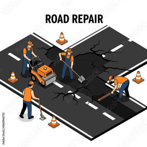 Road Workers Repairing Damaged Asphalt Surface.