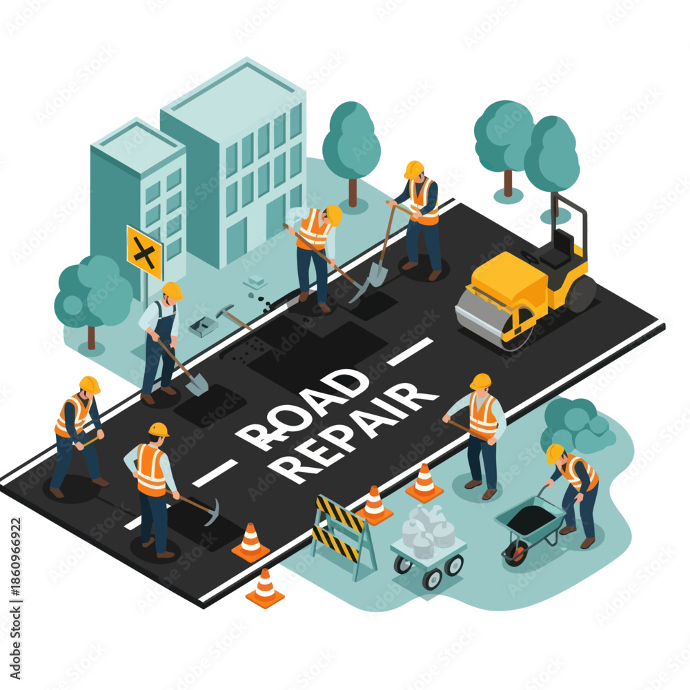 Obraz premium Road Repair Workers Construction Site Scene.