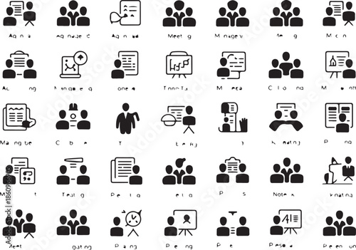 Black and white of people in various meeting and presentation scenarios