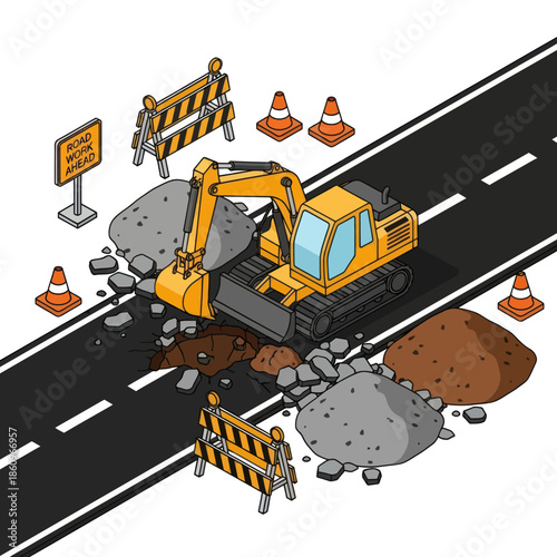Yellow Excavator Digging Road Surface.