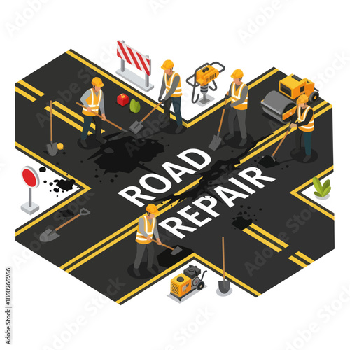 Road Repair Workers Maintenance Construction Site.