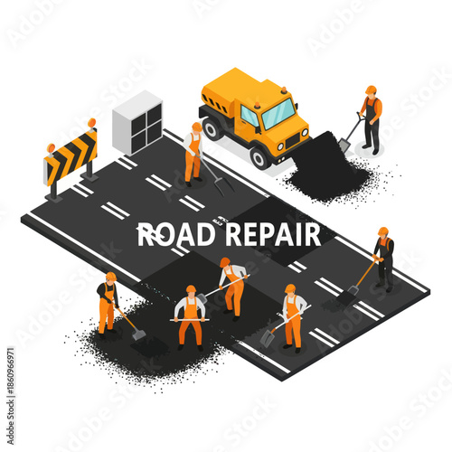 Road Repair Workers with Machinery and Tools.