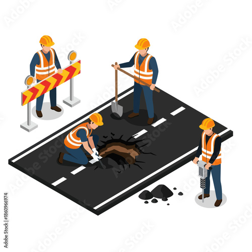 Road Workers Repairing Asphalt Pothole on Highway.