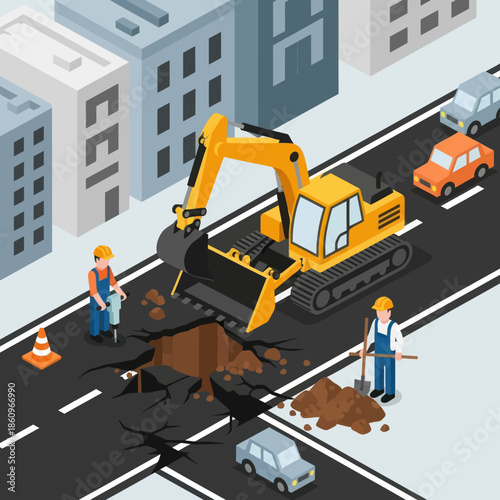 Construction Workers Operating Heavy Machinery Roadwork.