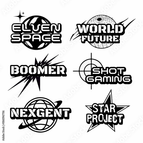 Futuristic Logo Pack Featuring ELVEN SPACE, WORLD FUTURE, SHOT GAMING, and STAR PROJECT Designs