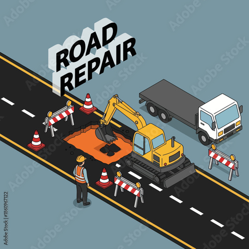 Road Repair Scene with Machinery and Workers.