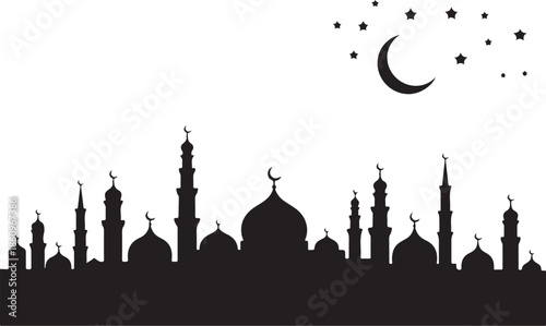 Black and white silhouette of mosque skyline with crescent moon and stars