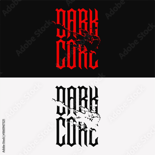 DARK CORE Logo – Gothic Distressed Typography in Red and Black Variants with Fragmented Design Elements