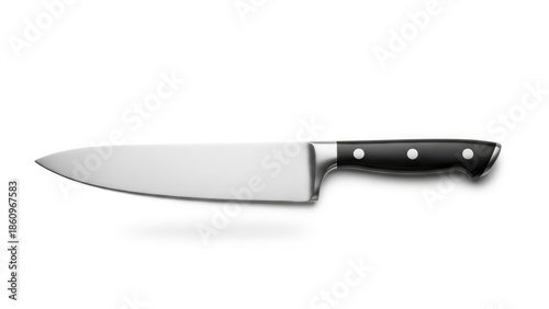 A sharp, professional chef's knife with a black handle, isolated on a clean white background. Essential kitchen tool for culinary tasks.