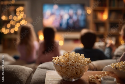 Family watching movie together enjoying popcorn