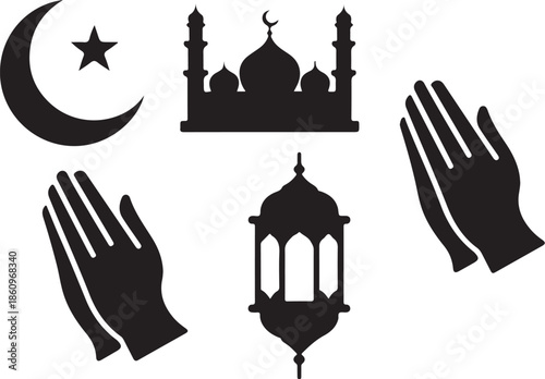 Black silhouettes of crescent moon star mosque hands and lantern