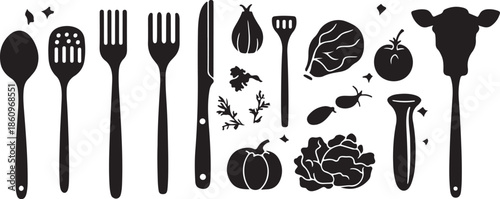 Vector illustration of a restaurant cutlery set featuring a spoon, fork, and knife on a white background for a kitchen menu icon or healthy dinner design