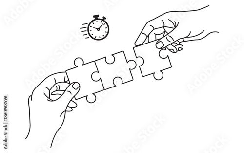 Concept of teamwork and problem-solving, hands connecting puzzle pieces to complete task quickly. Demonstrates partnership, solution finding, and time management in business context.