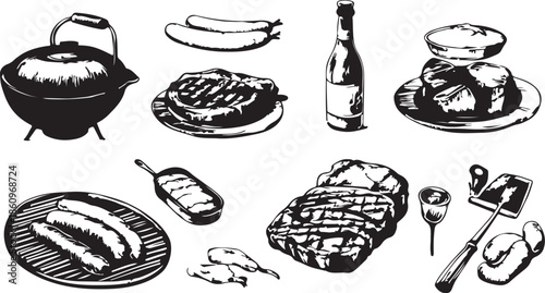 Vintage hand drawn vector illustration set of food icons featuring sketches of bread, pizza, meat, and bakery items for restaurant design