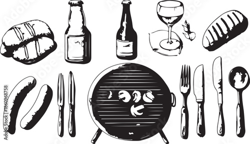 Black and white vector illustration set of a wine bottle and restaurant cutlery icons including a fork, knife, and spoon for kitchen menu design