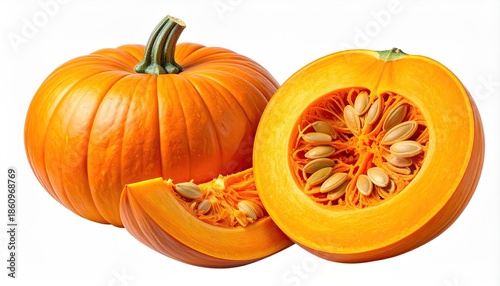 A vibrant orange pumpkin, cut open, revealing seeds and pulp